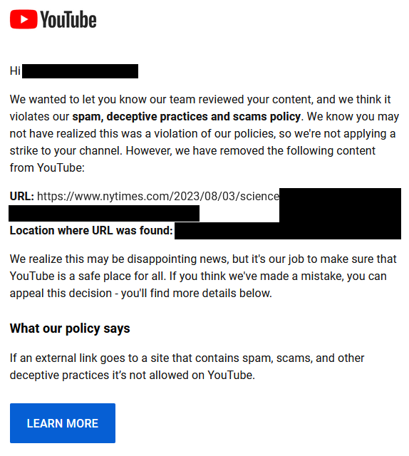 YouTube threatened me.